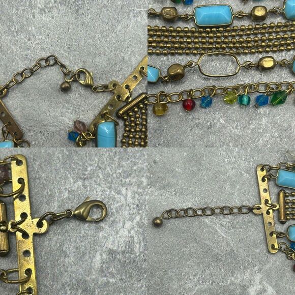 Vintage Brass Gold Tone Blue Beaded Rhinestones Chain Bracelet - Picture 8 of 14